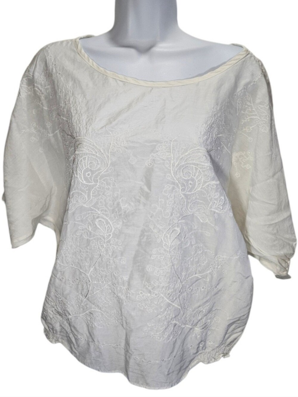 0196 Cynthia Rowley White Embroidered Cotton Silk Blouse Cottagecore Boho Small